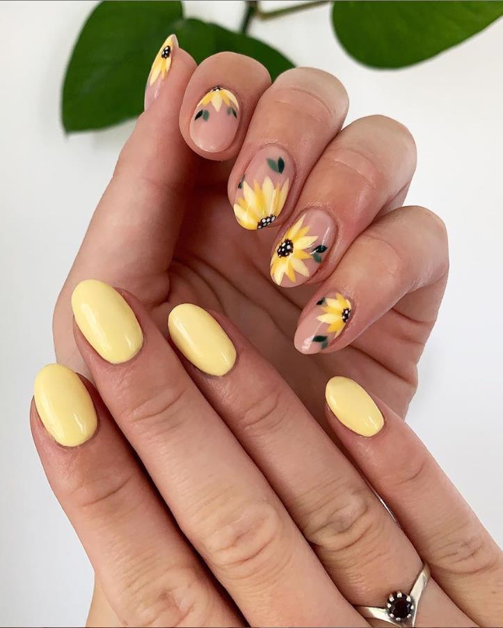 46 Beautiful Acrylic Short Sunflower Nails Art Designs In Summer - Lily ...