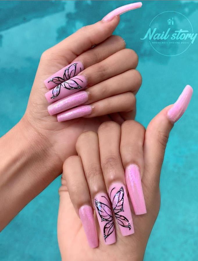 Beautiful Butterfly Long Coffin Nails Art Designs For ...