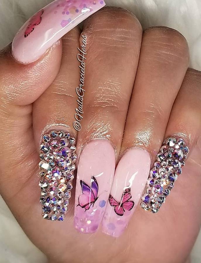 Super Suitable For Summer Butterfly Acrylic Long Coffin Nails Art