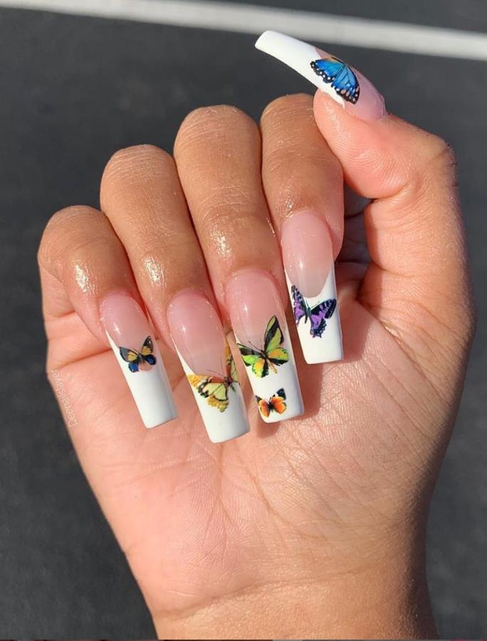 Super Suitable For Summer Butterfly Acrylic Long Coffin Nails Art