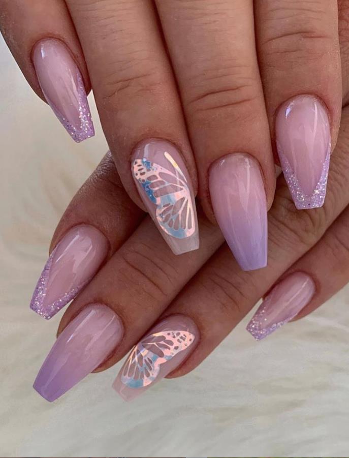 Super Suitable For Summer Butterfly Acrylic Long Coffin Nails Art