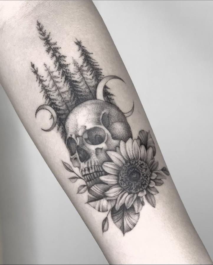 Snake Sunflower Skull  Back of leg tattoo by ArtPhoenix  Fur Affinity  dot net