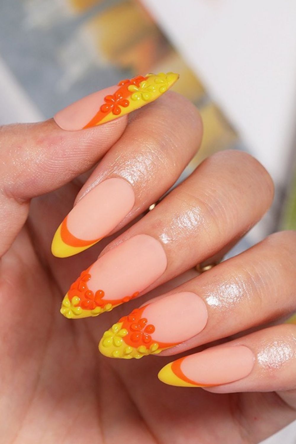 Yellow and orange almond acrylic nails
