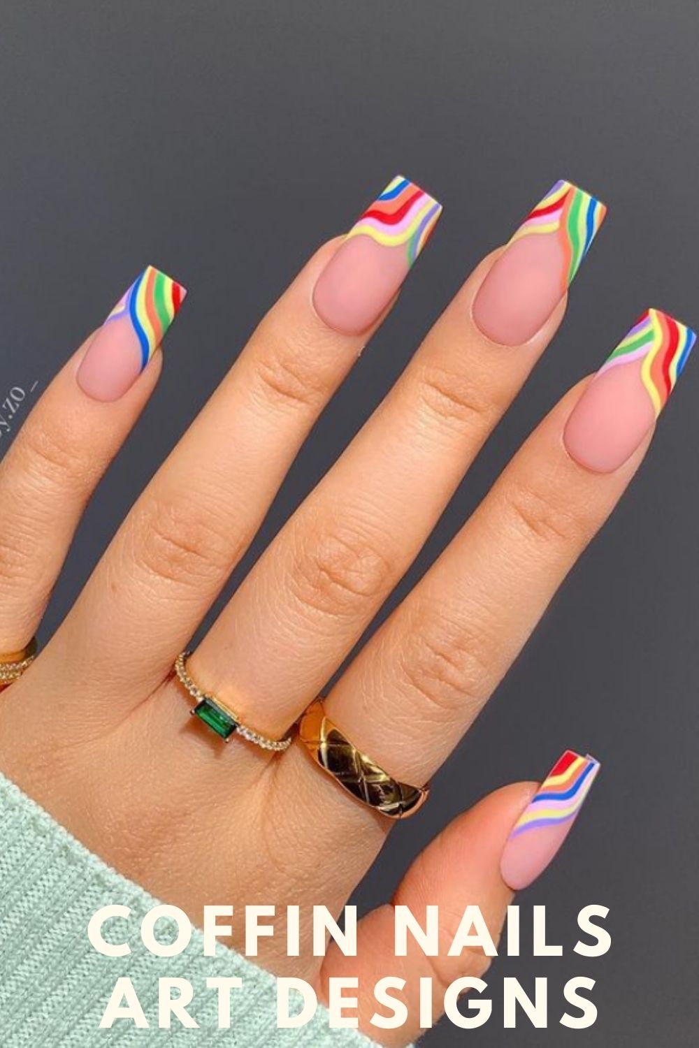 Rainbow tip coffin shape nail designs
