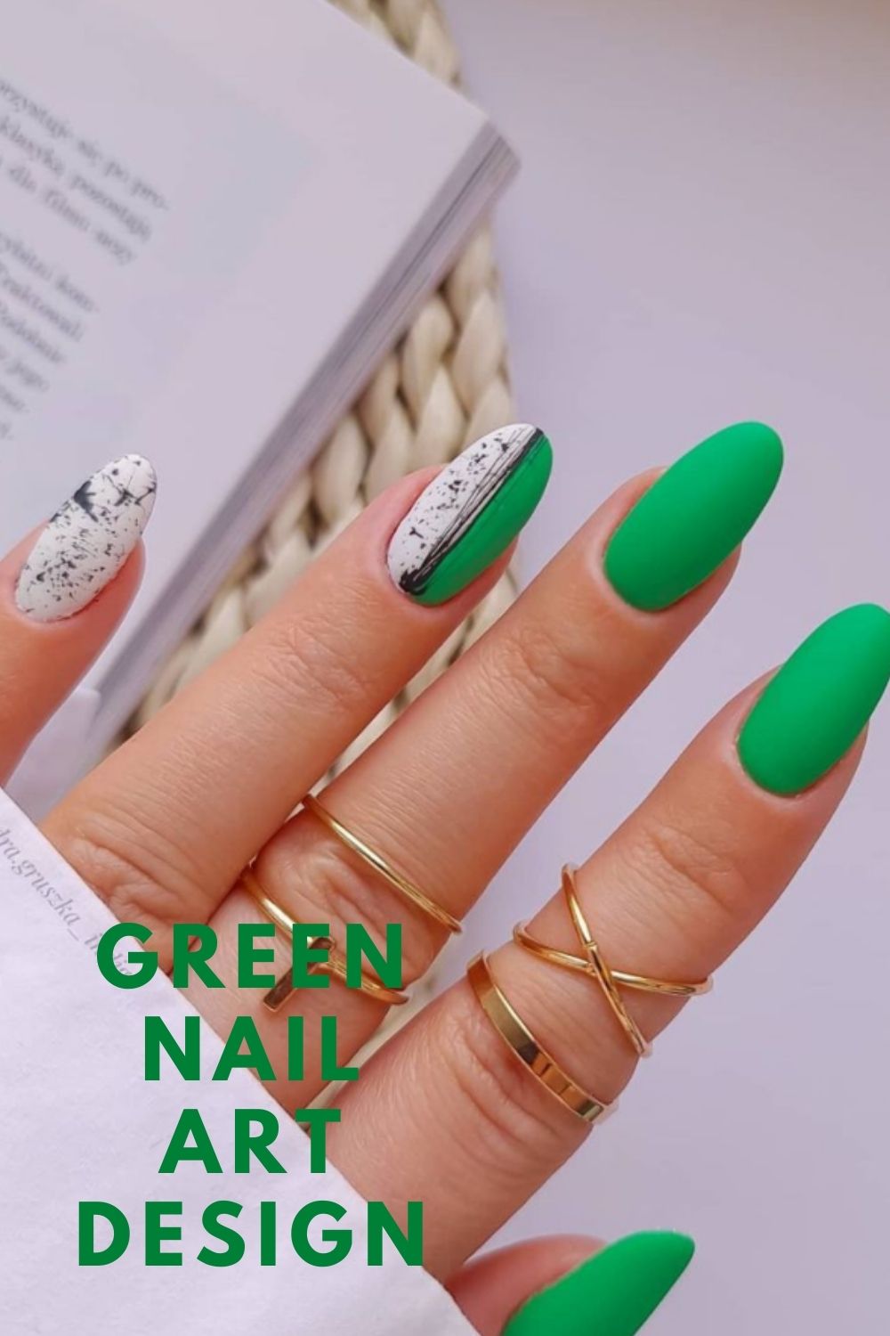 Black and white, green almond nails art
