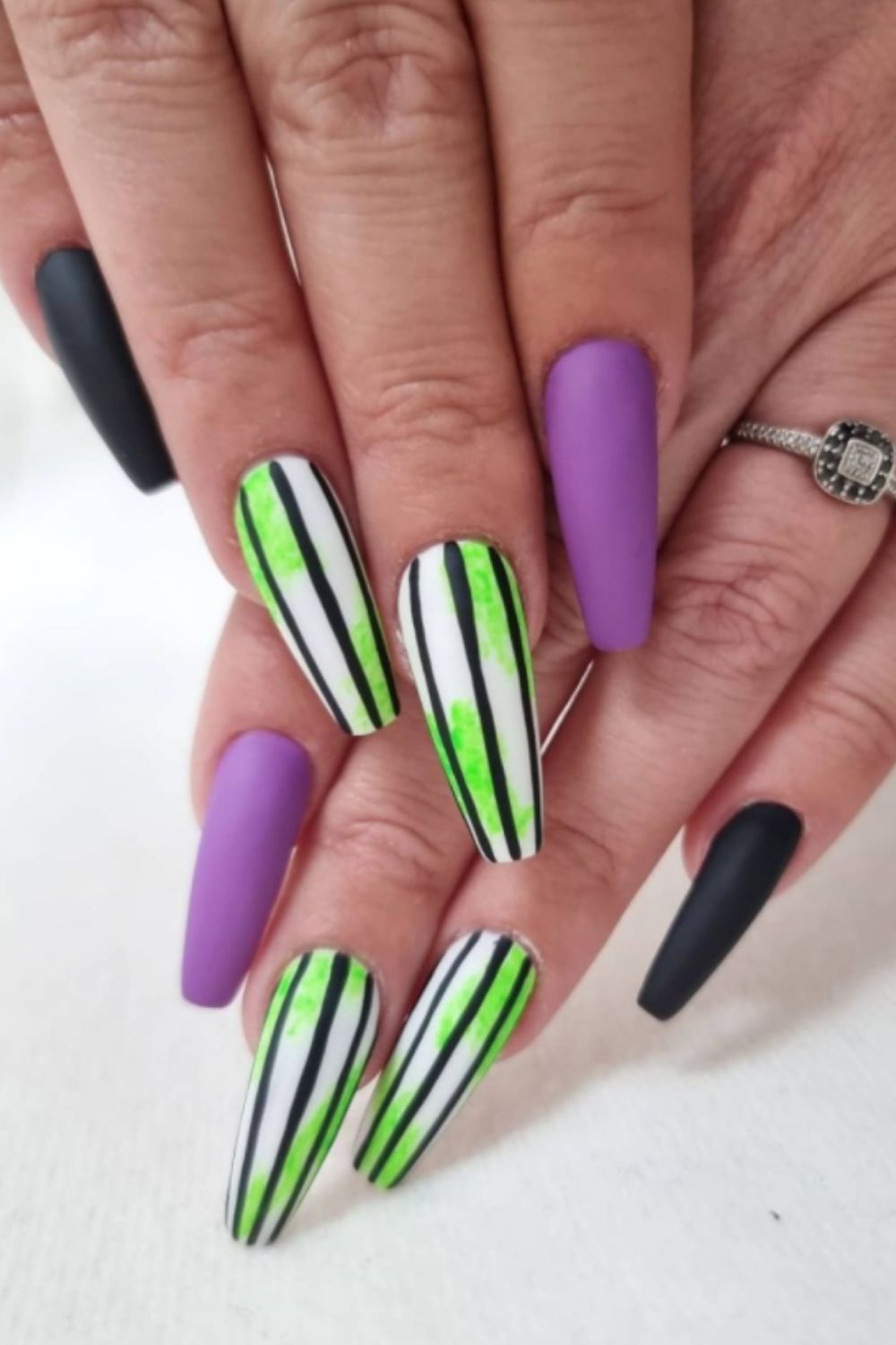 Green and purple coffin acrylic nails