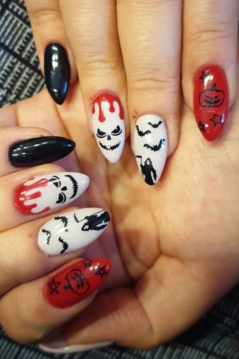 Red and white almond nails art
