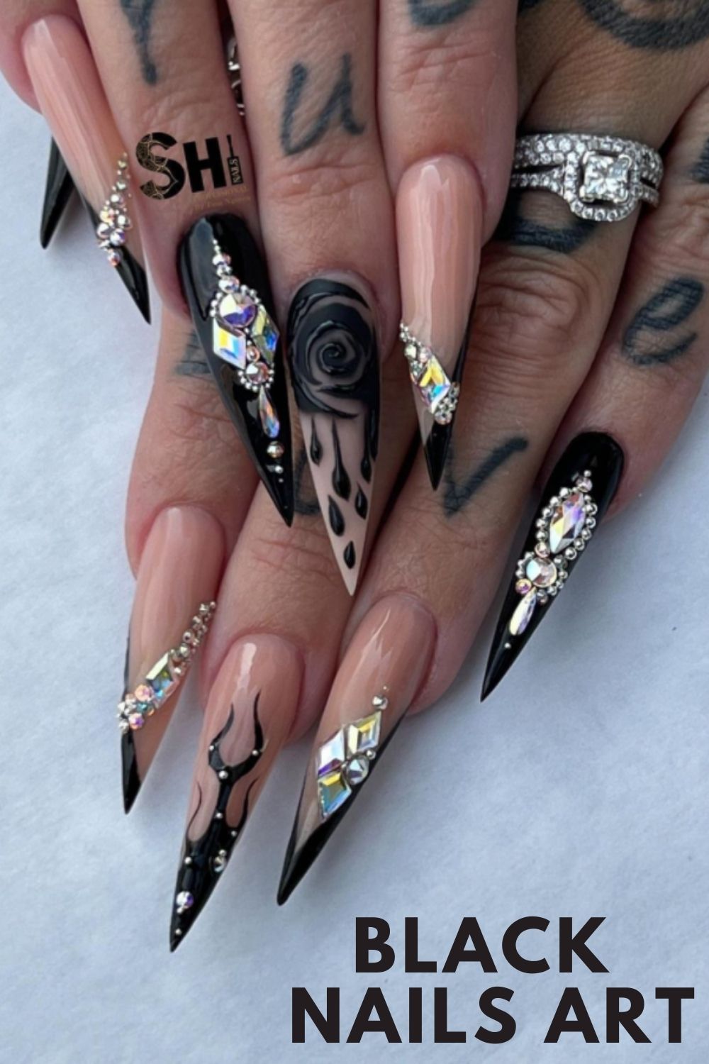 Stiletto nails art with black rose