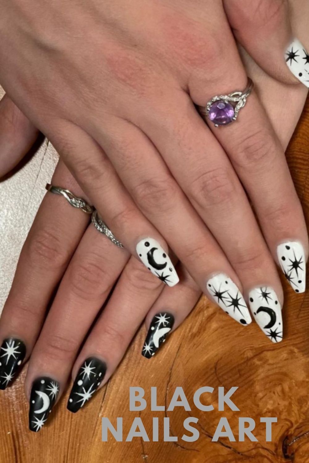 Black and white nails with star and moon