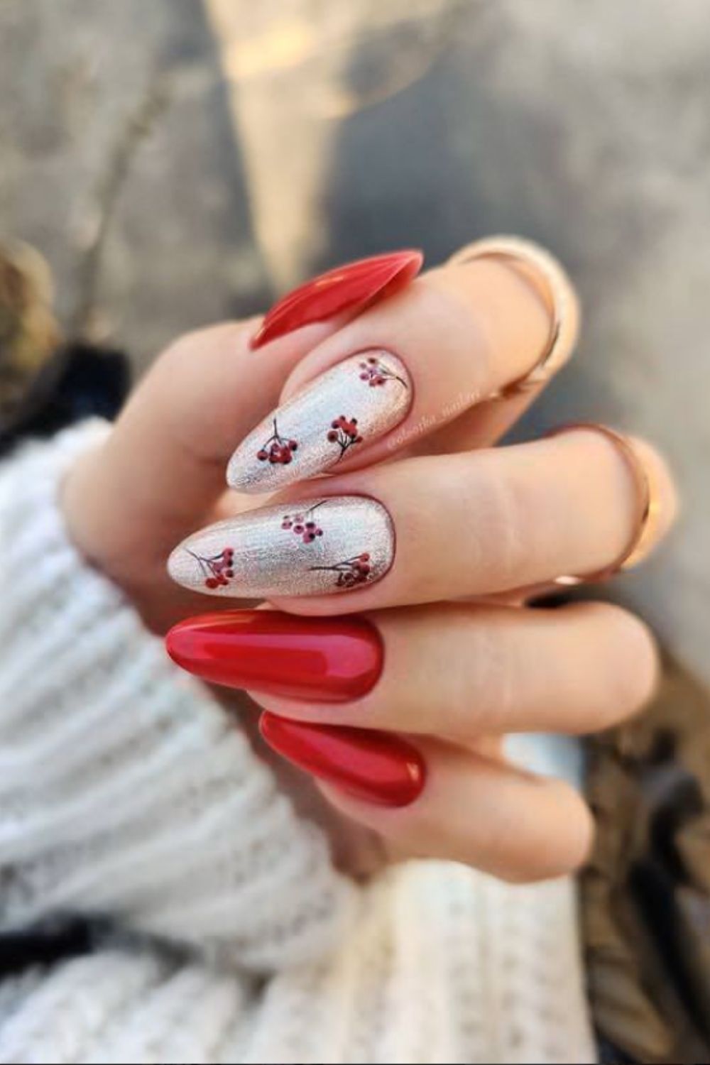 Silver and red nails with flowers