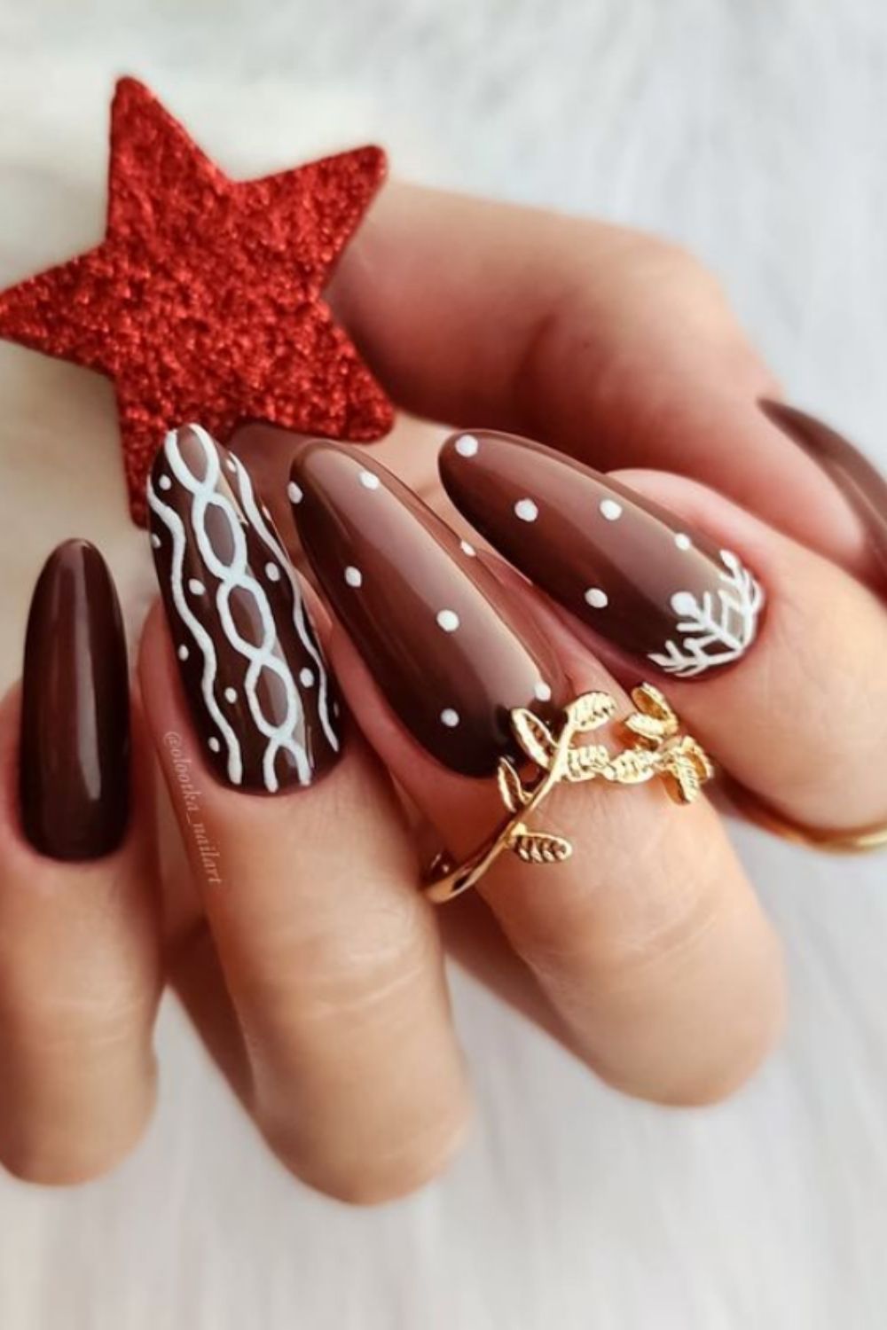 Brown and white almond nails