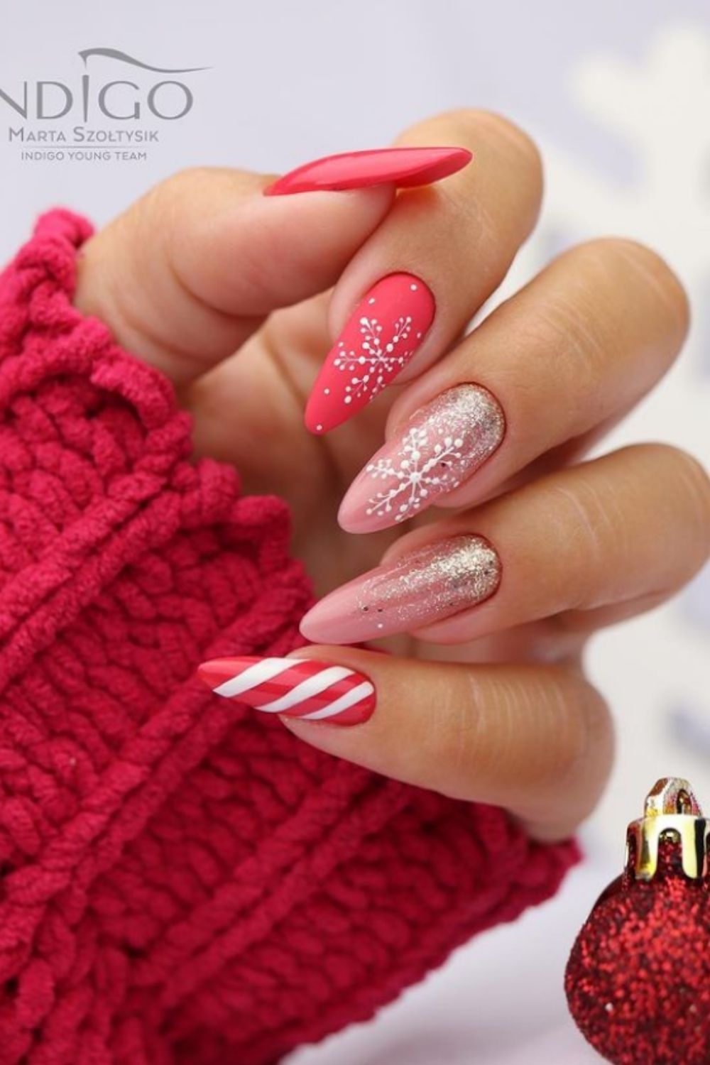 Pink and red almond christmas nails