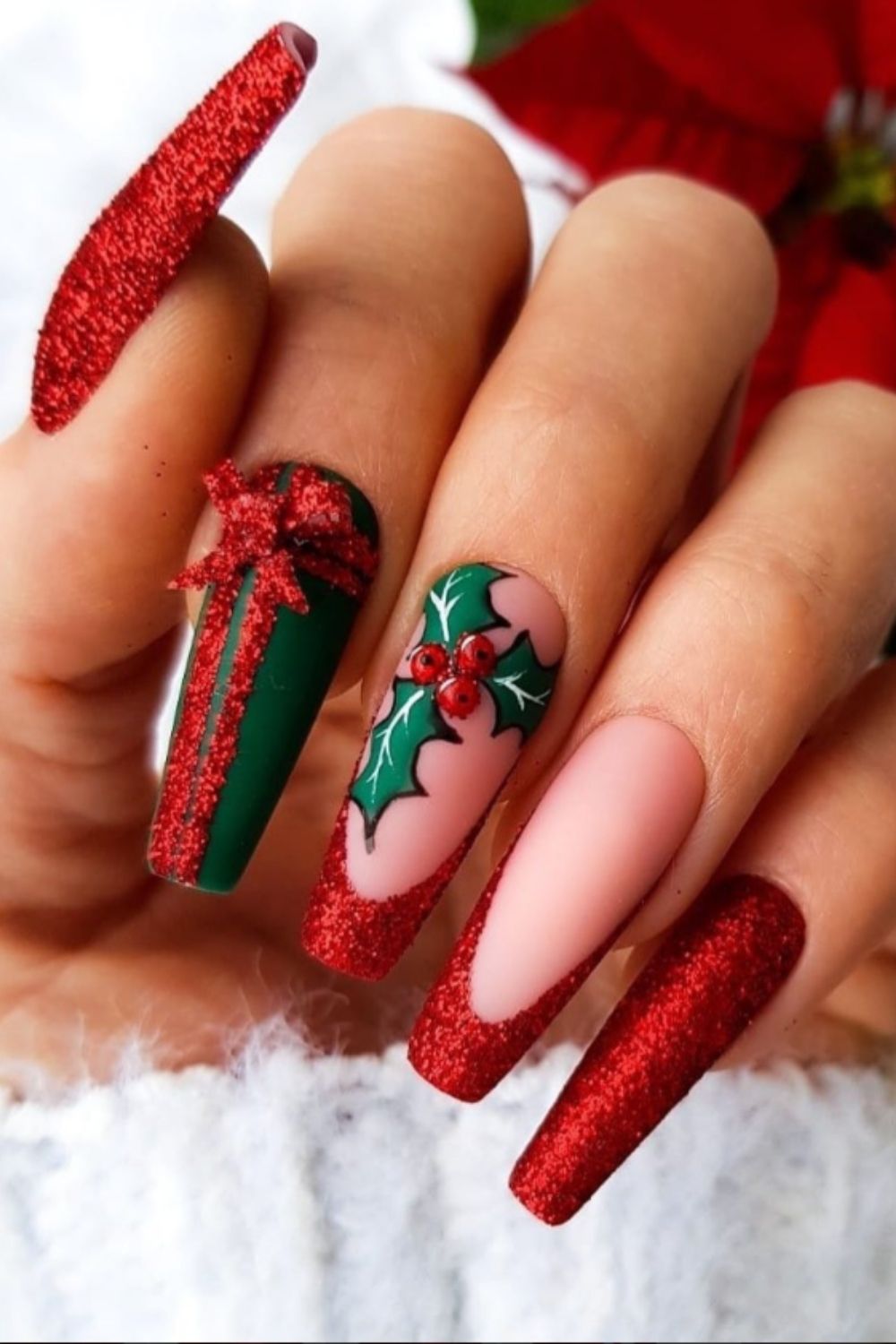 Red and green coffin nails designs