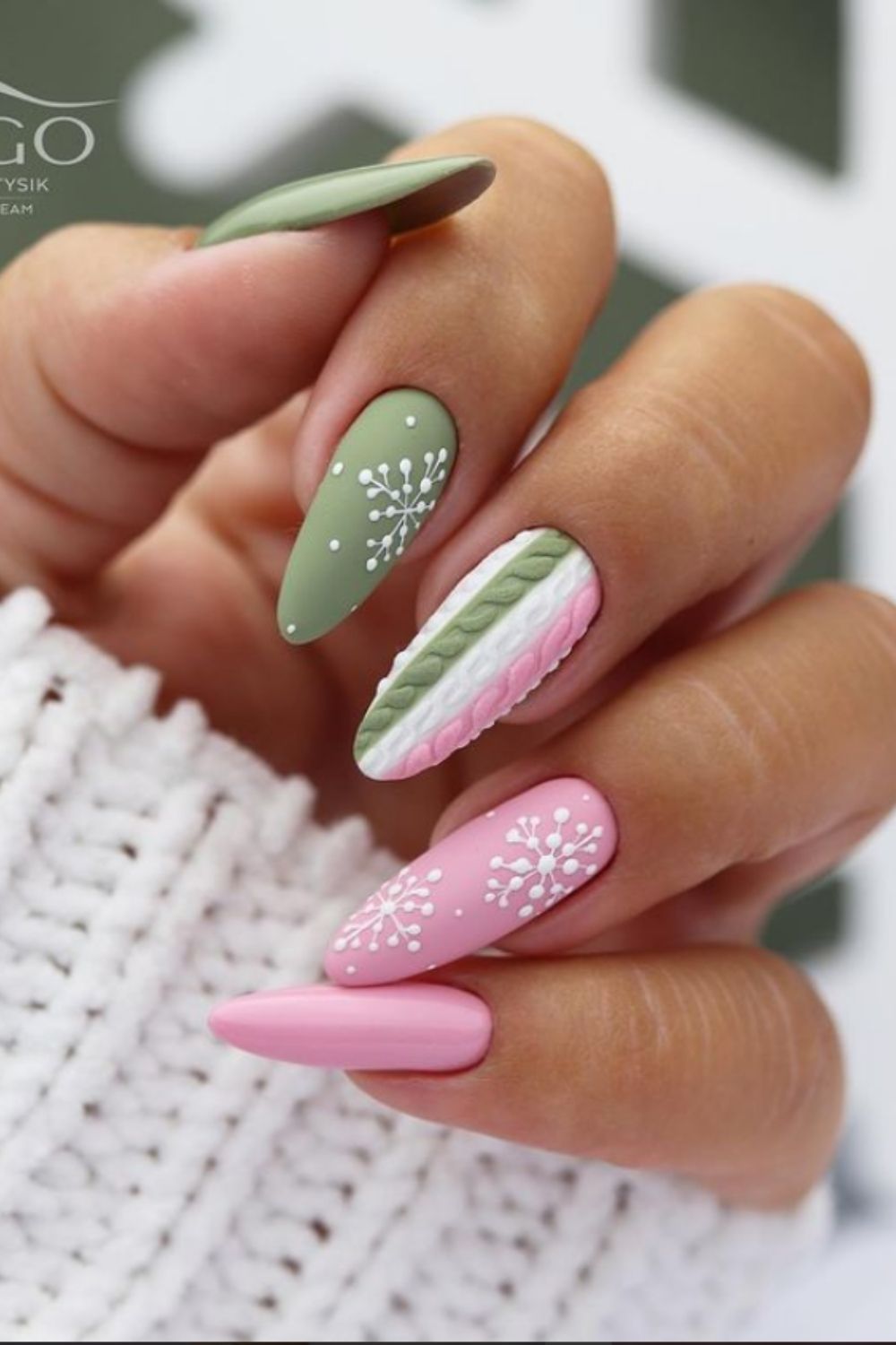 Green and white almond nails