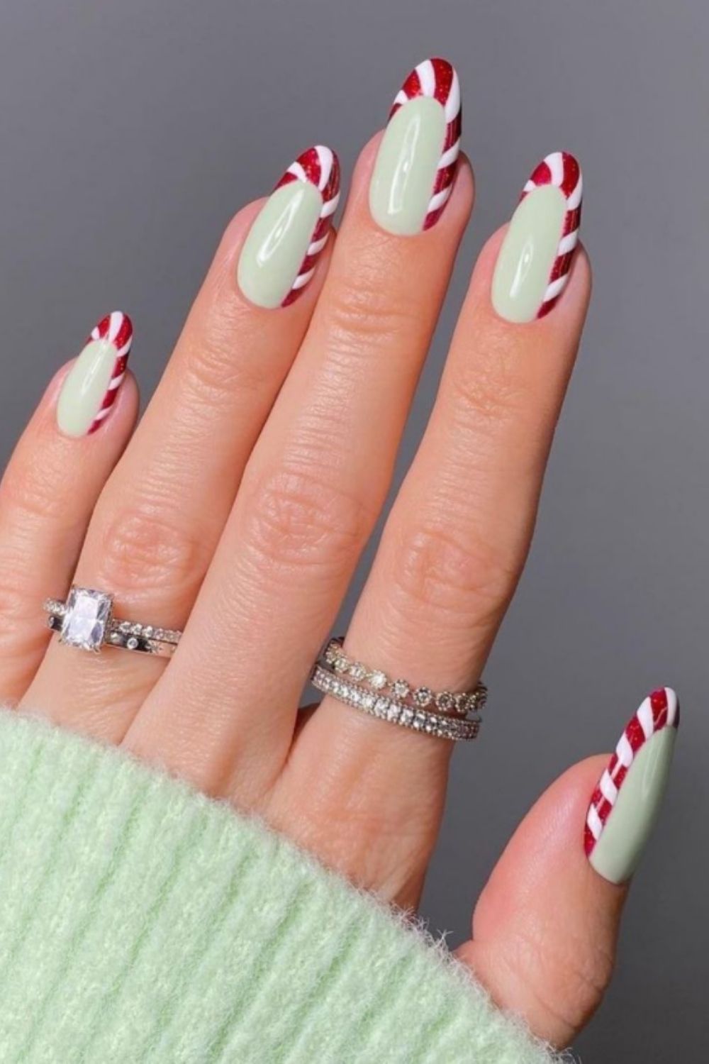 White and red, light green almond nails art
