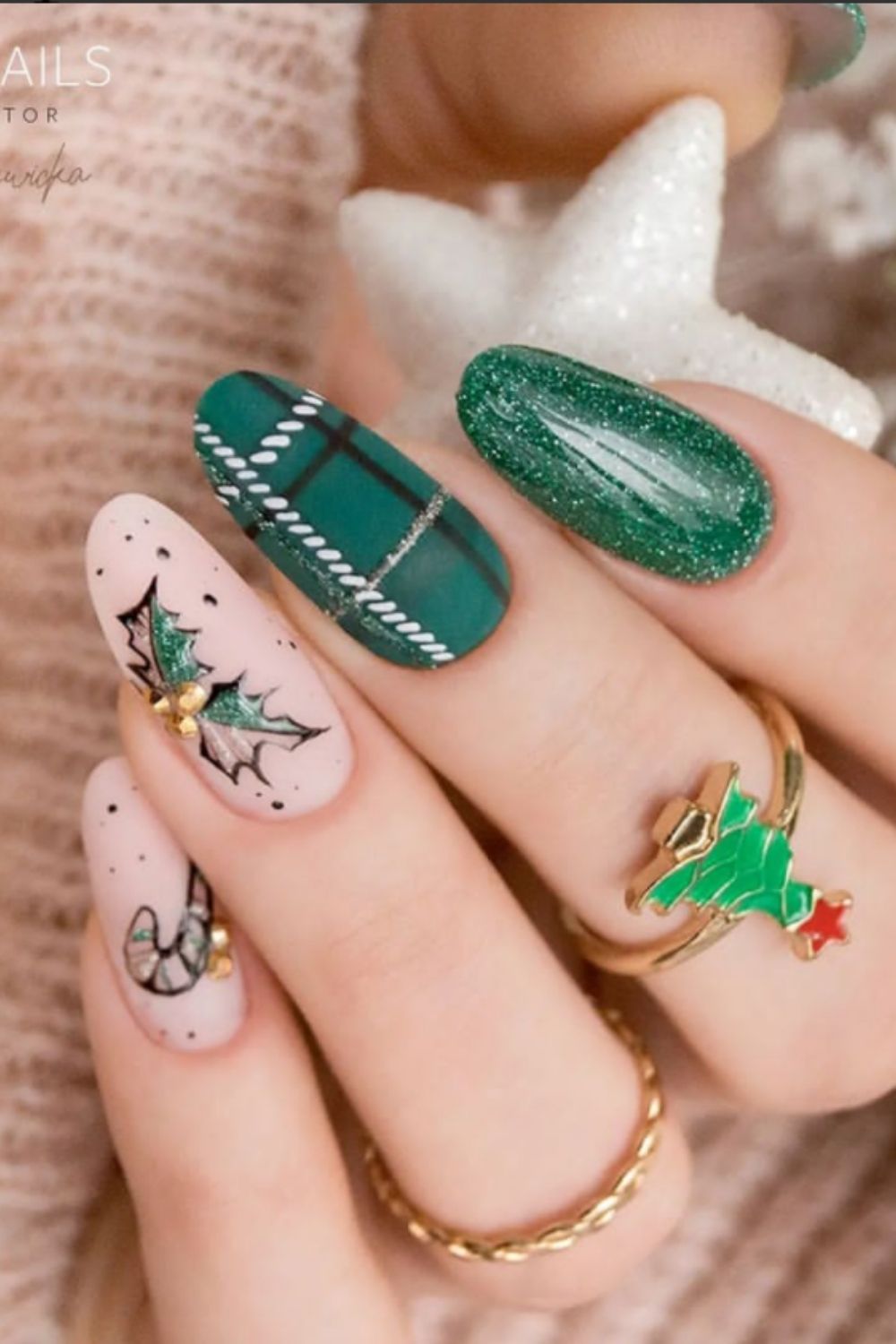 White and green nails designs