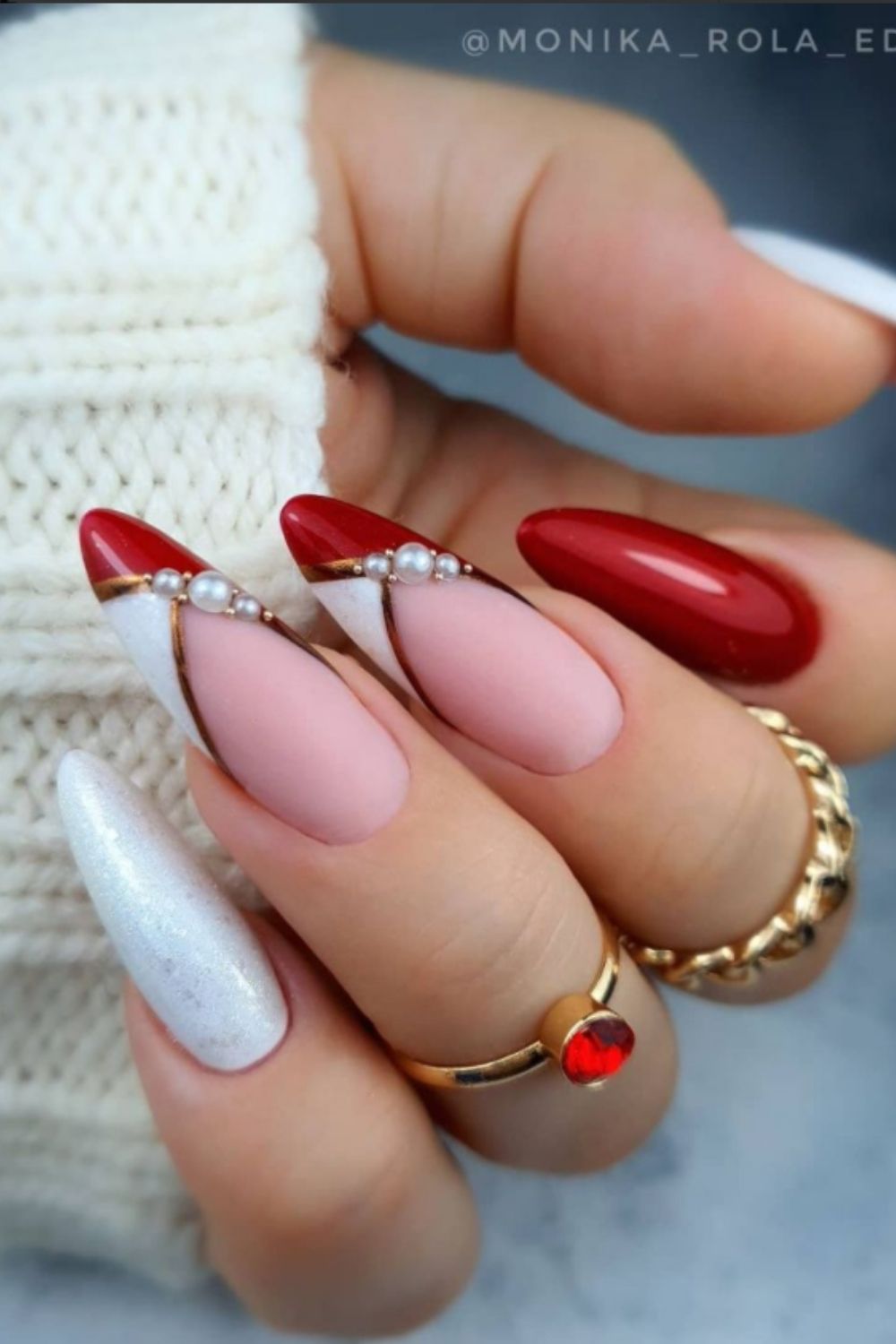 Red and white almond nails designs with pearl