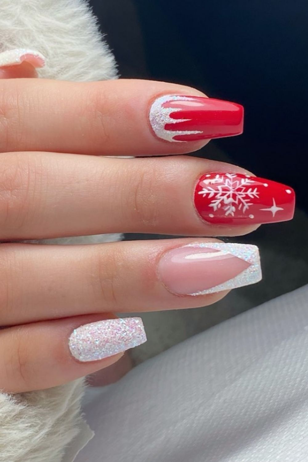 White and red coffin nails designs for snowflake
