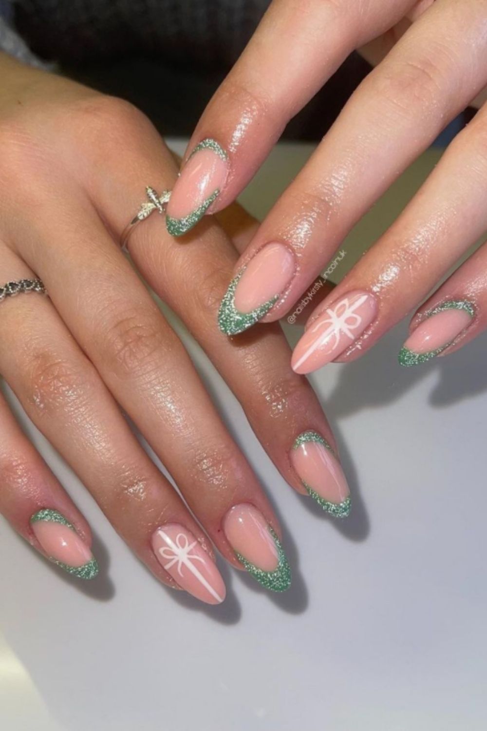 Green glitter tip almond nails ideas