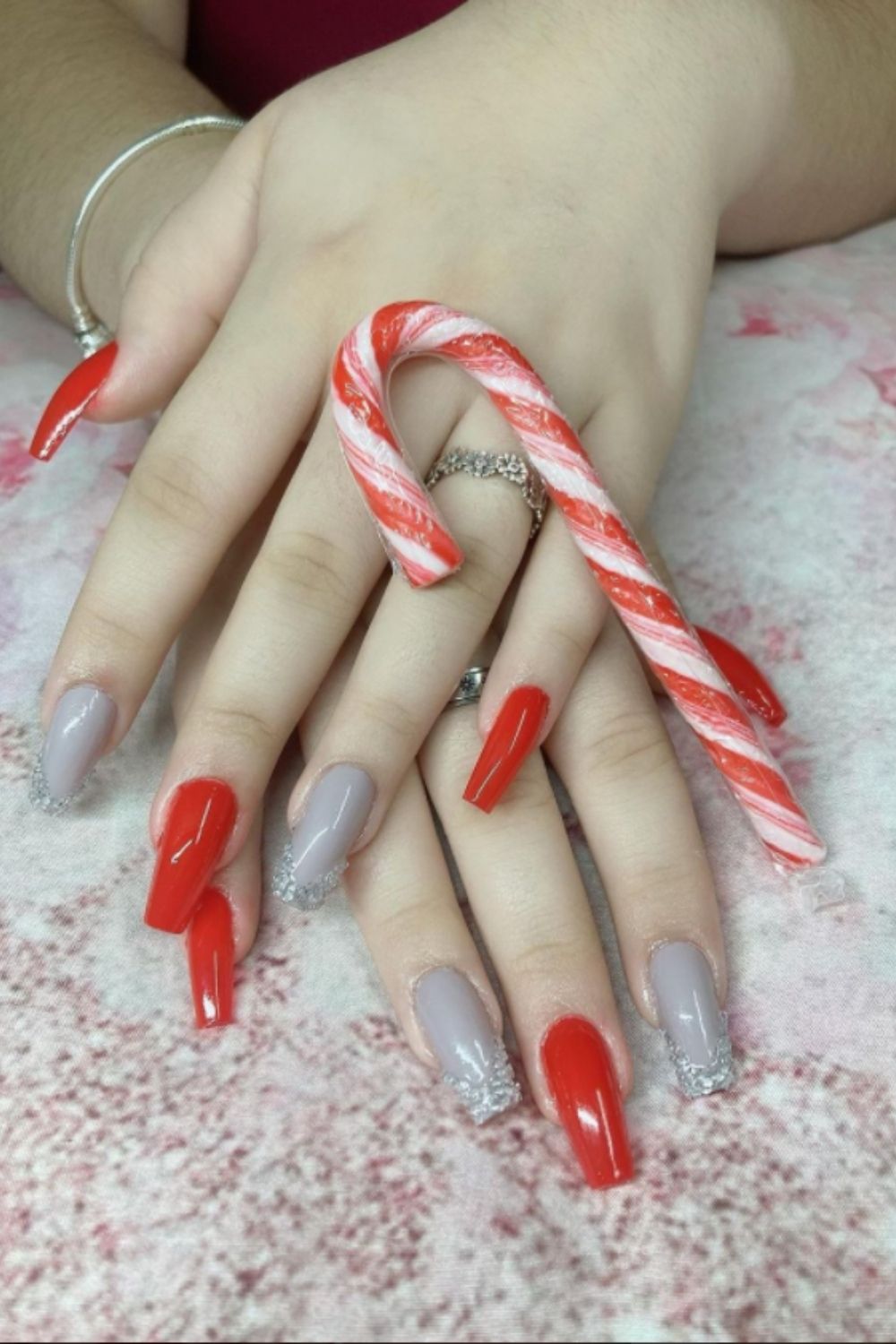 Red and gray christmas nails