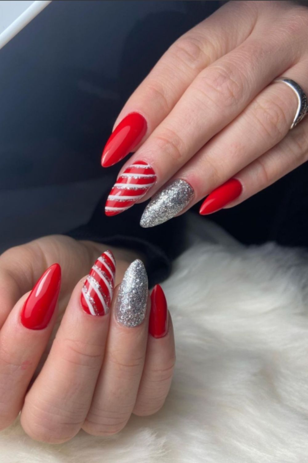 Silver and red almond nails art