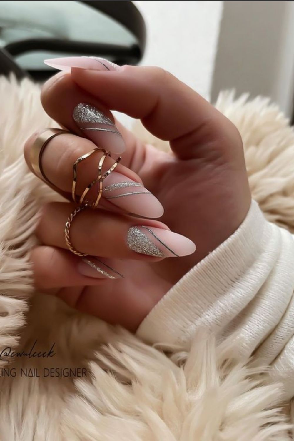 Silver and pink almond nails designs