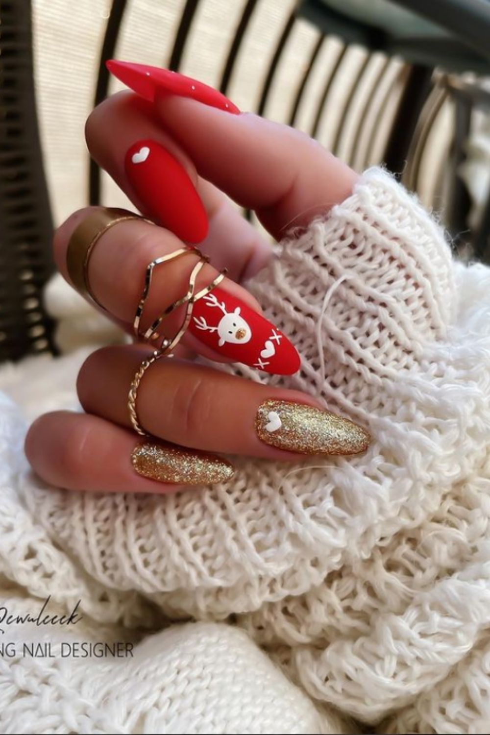 Gold and red almond nails