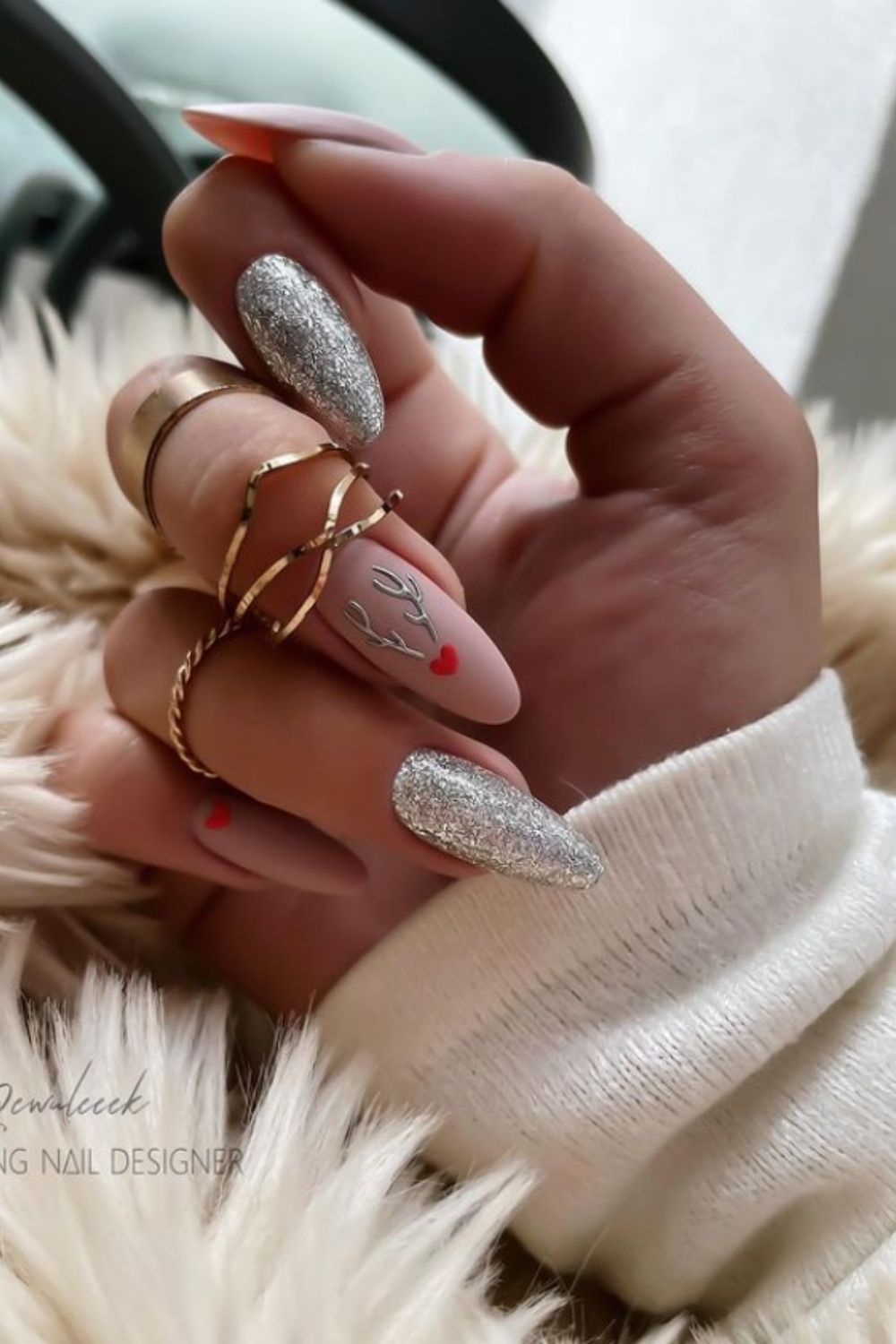 Pink and silver christmas nails