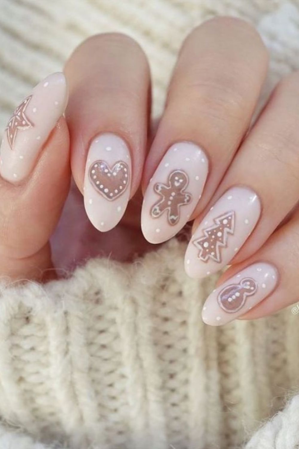 Pink and white almond nails designs with heart and christmas tree