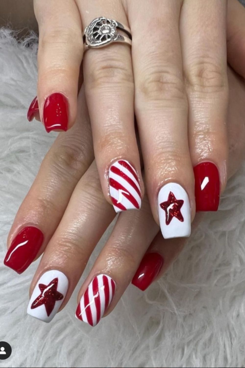 White and red nails with star