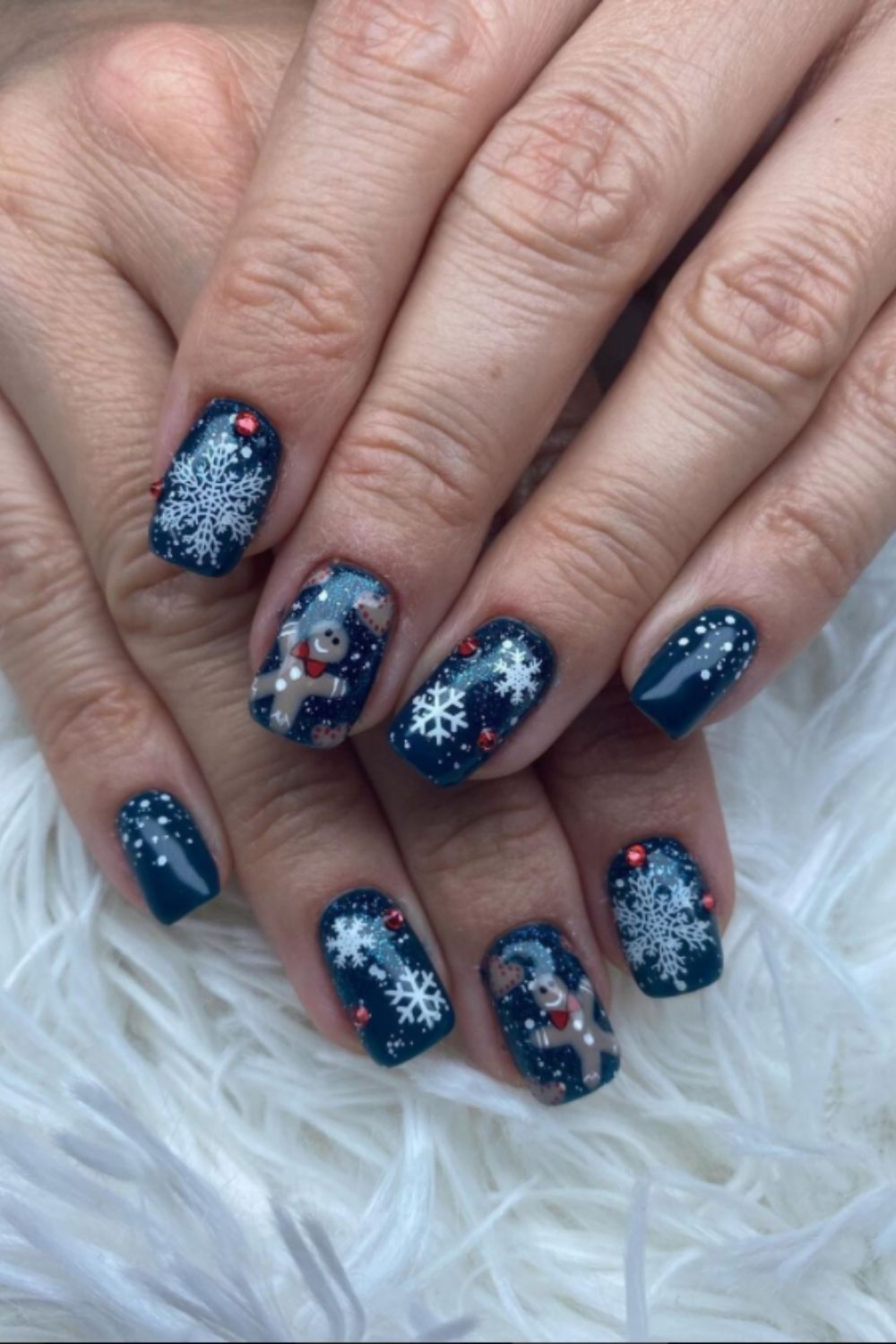 Blue winter nail designs with bear and snow