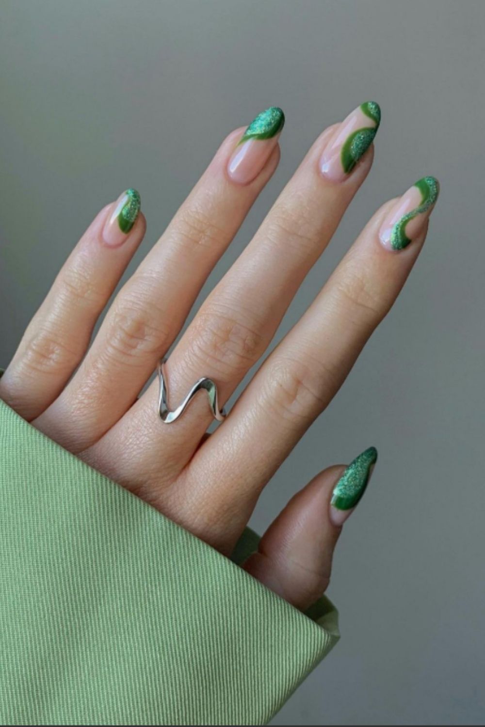 Green and nude almond nails