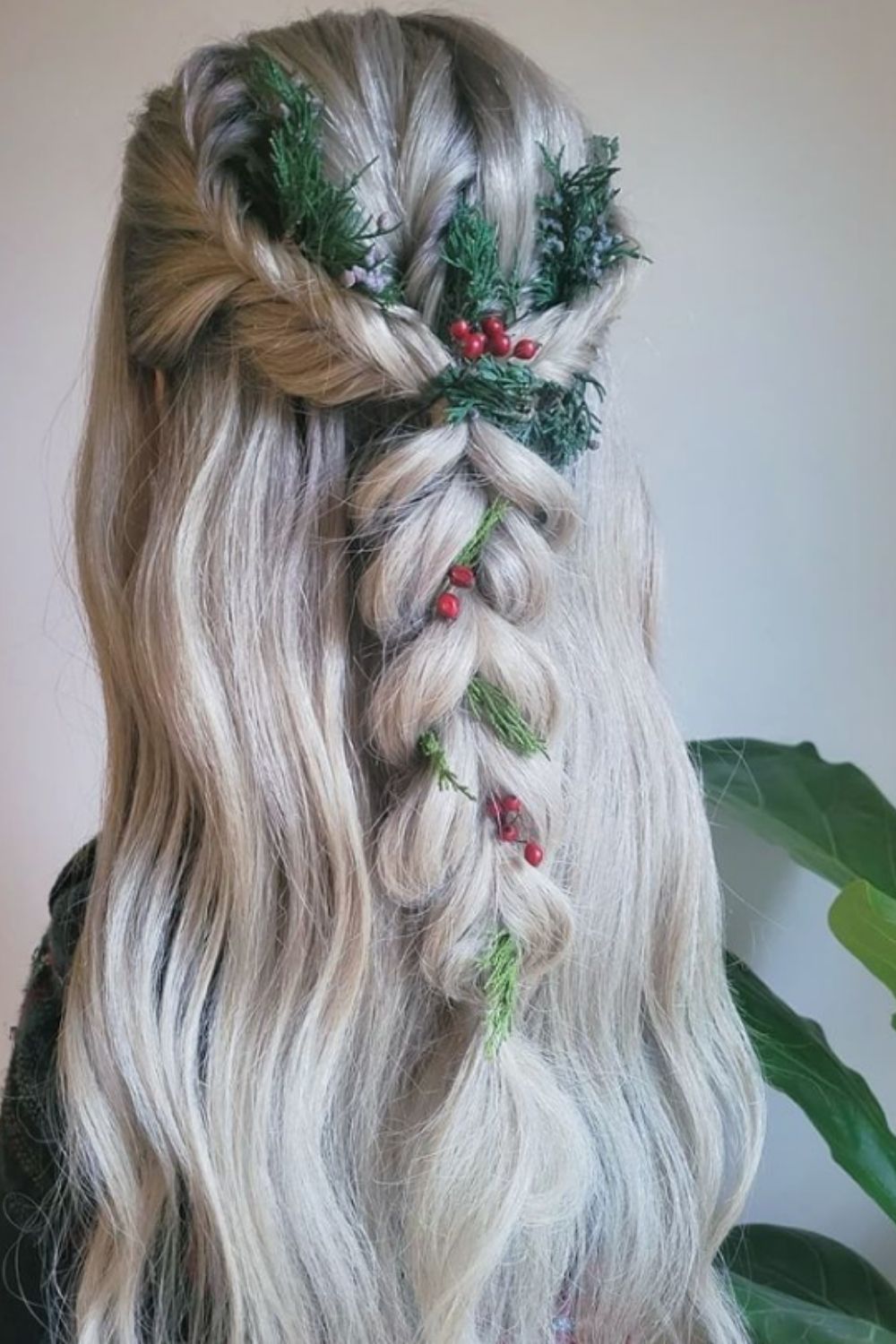 Grey, red and green hair color styles into tree ornaments.