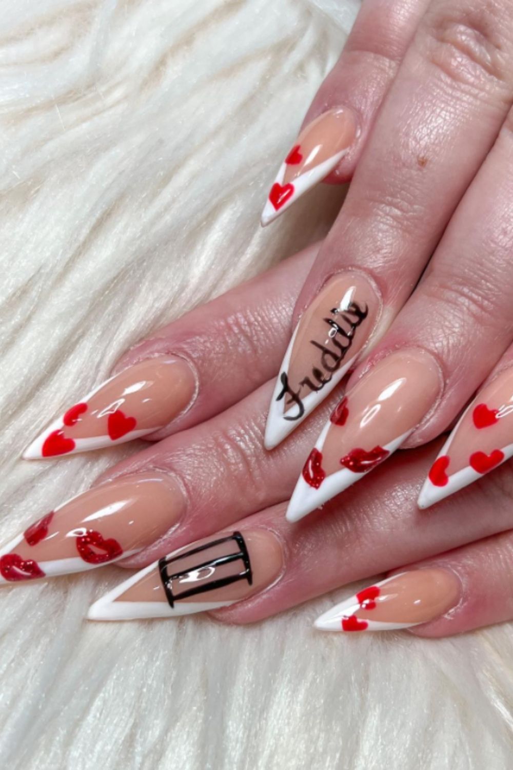White tip almond nail designs with red heart