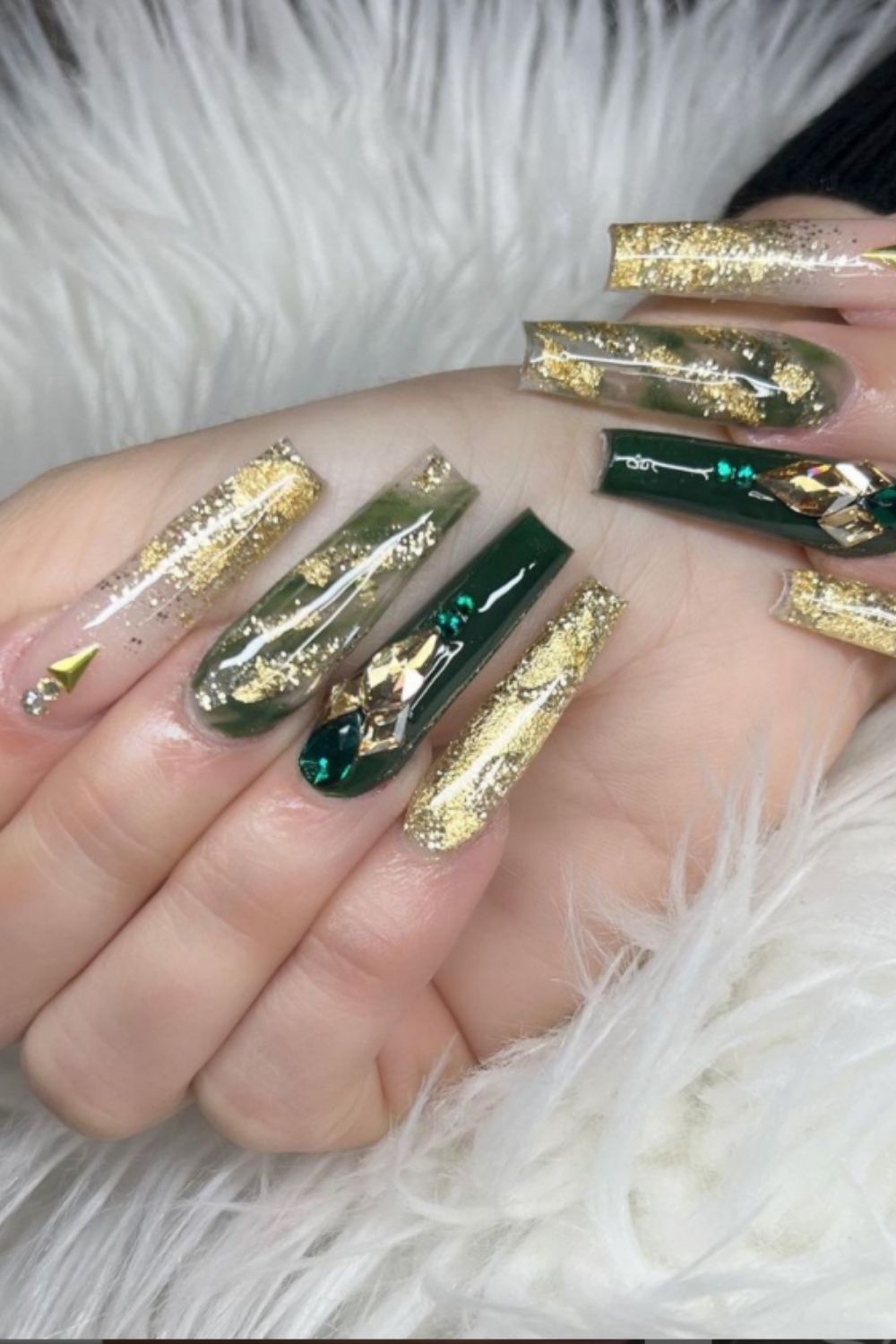 Green and gold long nails of 2022