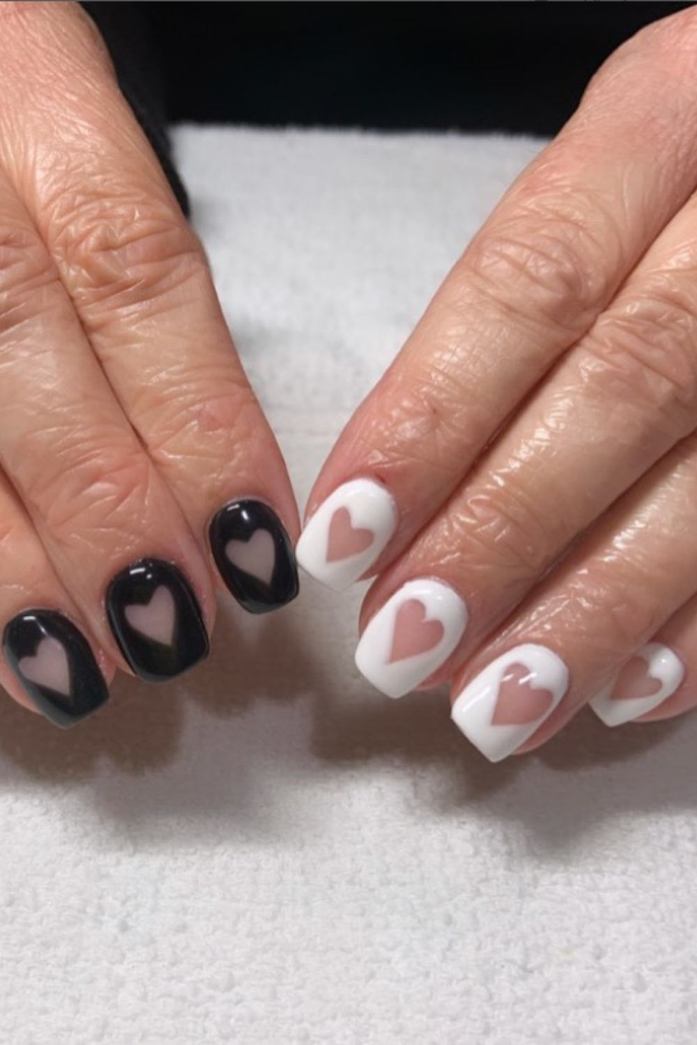 White and black short nails designs with heart