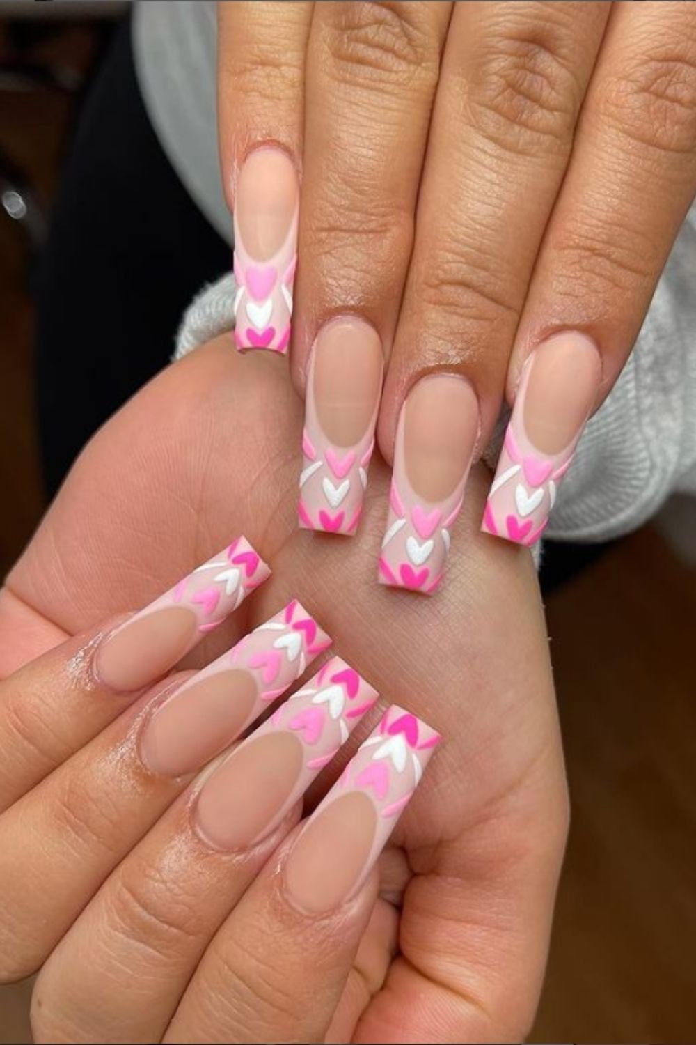 White and pink heart tip coffin nails designs