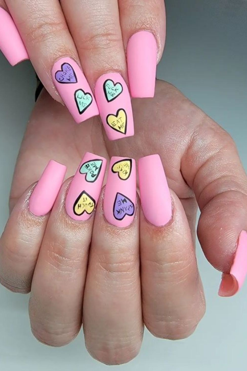 Pink coffin nail art with heart of 2022 Valentin's Day nail