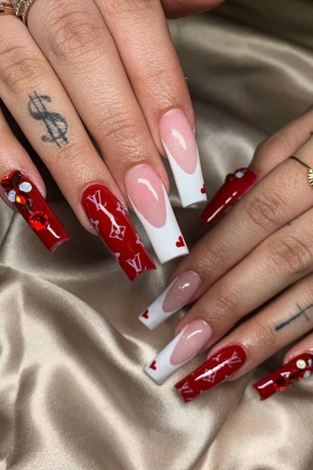 Red and white coffin nail designs