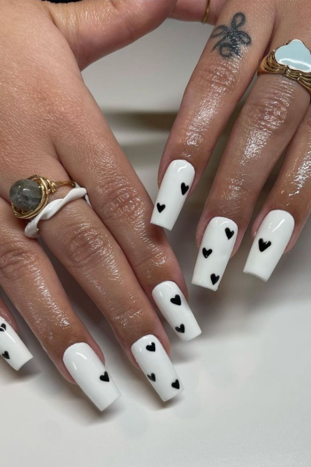 White coffin nails ideas with black small heart