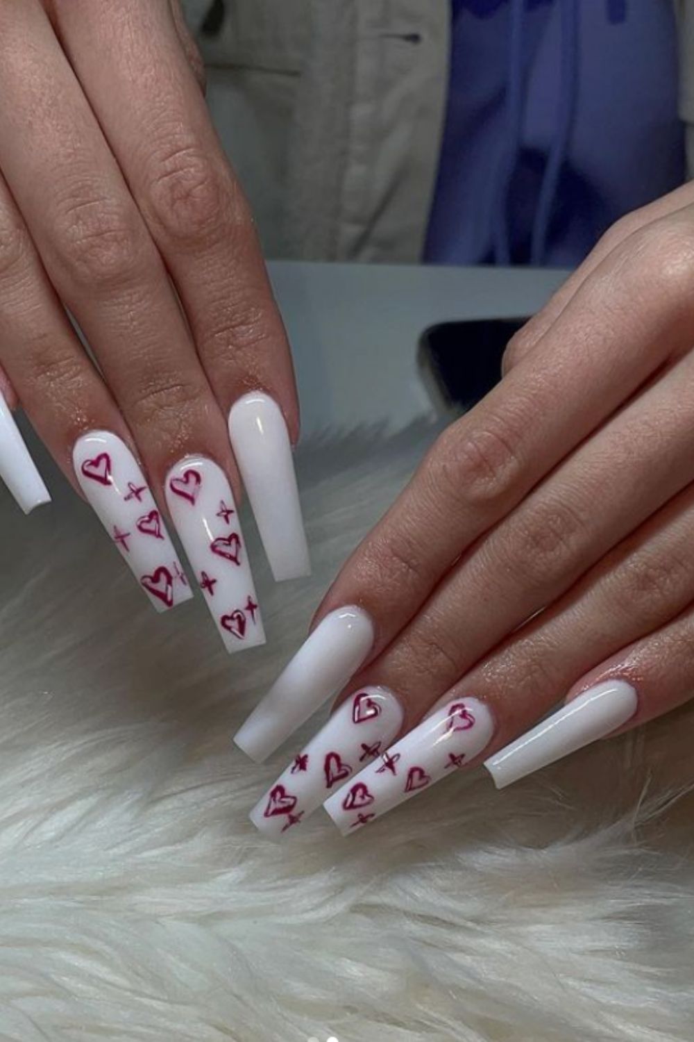 White long coffin nails designs with red heart
