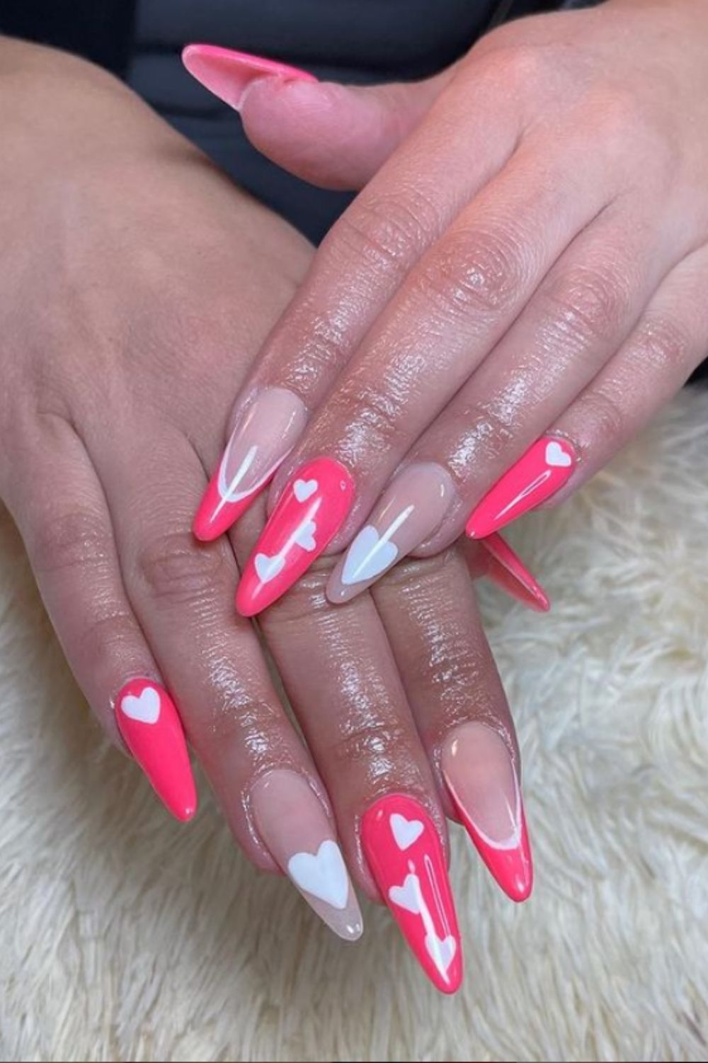 Red and pink almond nails with heart of 2022