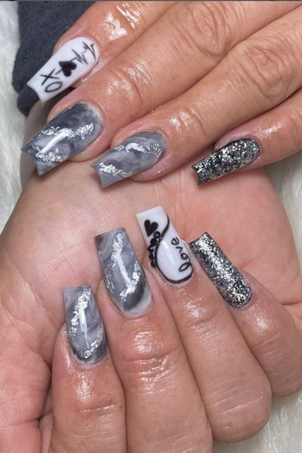 Silver and white coffin nails art