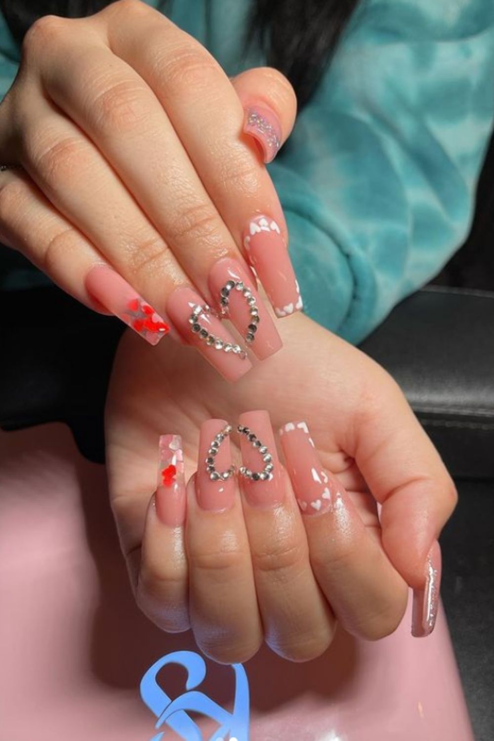 Pink coffin nails ideas with small heart