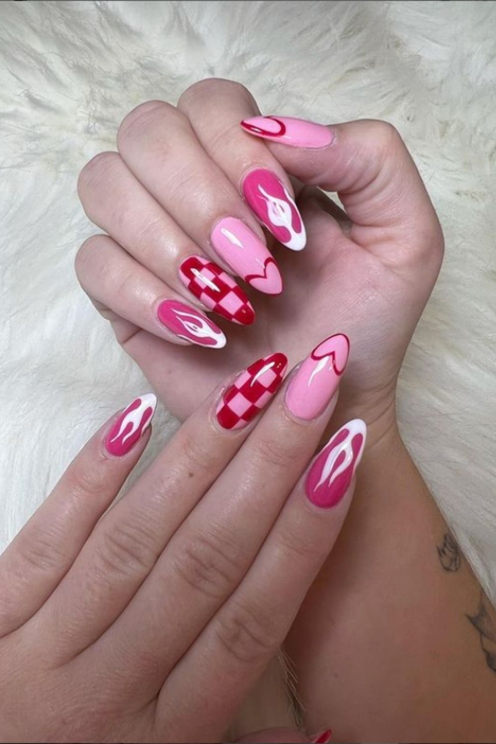 Cute pink and red almond nails designs