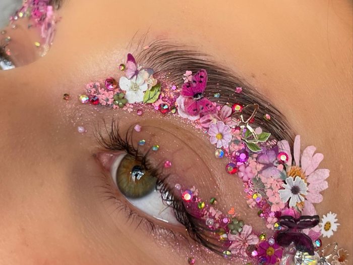 Sparkle & Glitter floral eye makeup looks ideas with rhinestone