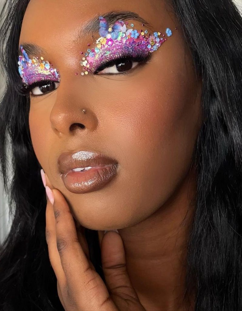  Sparkle & Glitter floral eye makeup looks ideas with rhinestone 