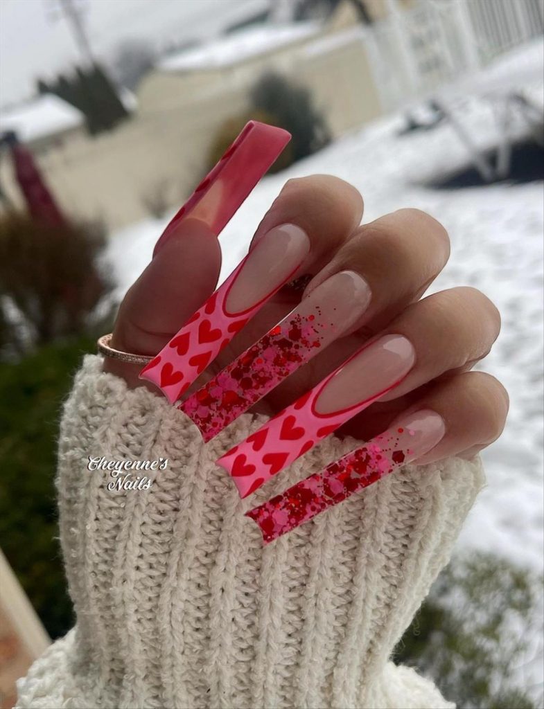 Perfect Valentine's Day nails with acrylic coffin nail shape